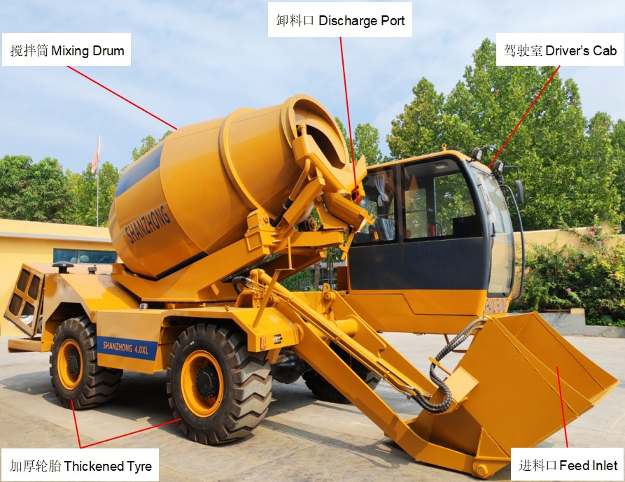 4.0 m³ Chinese self-loading concrete mixer.