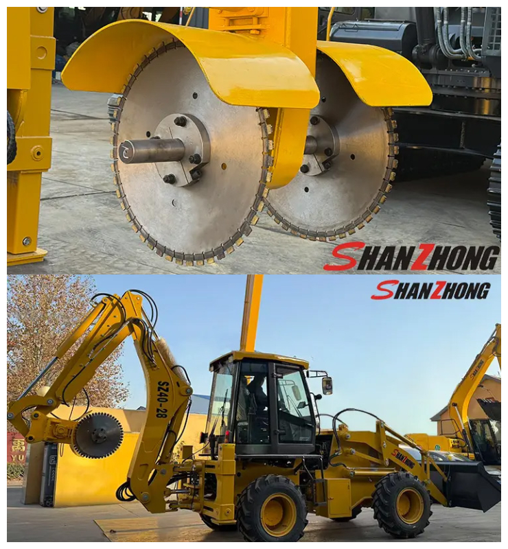 Dual-blade capabilities! A backhoe loader equipped with two saw blades opens up new solutions for complex construction tasks.